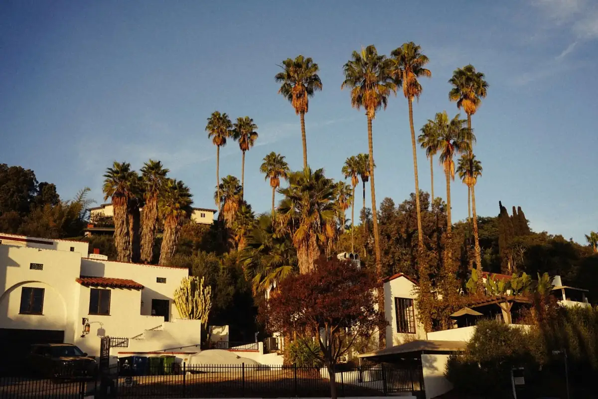 Spanish-style homes with palm trees at sunset in Southern California